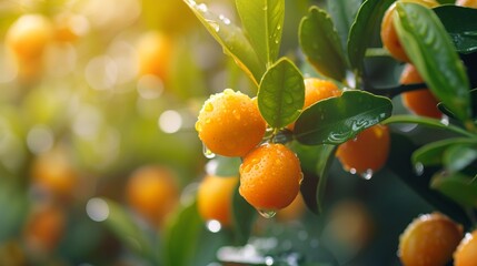 Harvest of ripe kumquats on a branch in the garden, agribusiness business concept, organic healthy food and non-GMO fruits with copy space
