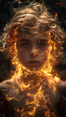 boy in extreme detail with fire all around him and a house burn down. Have him have fire hair and black eyes.generative ai