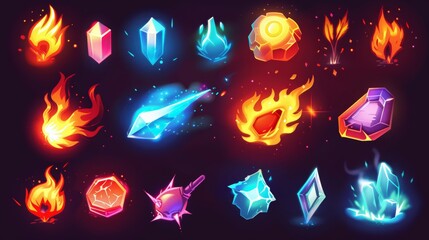 Symbols for magic spells, game skills and luck. Fantasy light and fire effects, lightning, fireballs, ice crystals and arrows, modern cartoon set. - obrazy, fototapety, plakaty