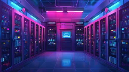 In this modern illustration of a data center, server room, or database cloud storage, a rack is filled with computer equipment in a tech warehouse. Cyber security and big data service is presented.