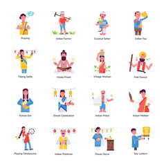Fototapeta premium Collection of 16 Indian People Flat Character Icons