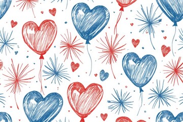 4th of July American National Day celebration, seamless pattern with heartshaped balloons and fireworks elements. Red white blue color scheme, hand drawn doodle style. White background.