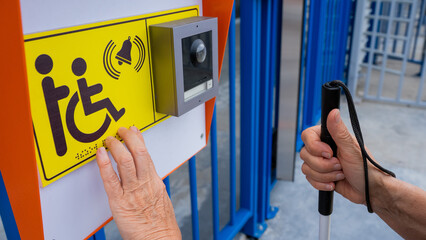 Close-up of the hands of a blind elderly woman reading a text in braille. Button for calling help...