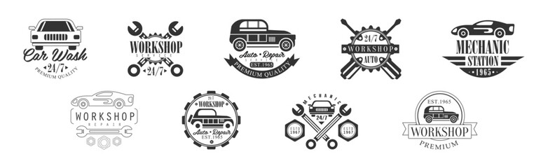 Obraz premium Auto Repair and Mechanic Workshop Label and Emblem Vector Set