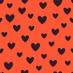 Simple seamless pattern with black hearts on a red background. Vector graphics.