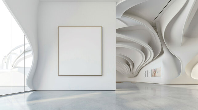  An art gallery boasting a blank wall frame, perfectly framed by the sleek, modern contours of its architectural surroundings, inviting contemplation