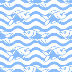 Blue and white stylized fishes on wavy background. Vector seamless pattern.