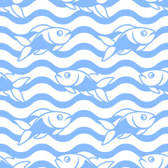 Blue and white stylized fishes on wavy background. Vector seamless pattern.