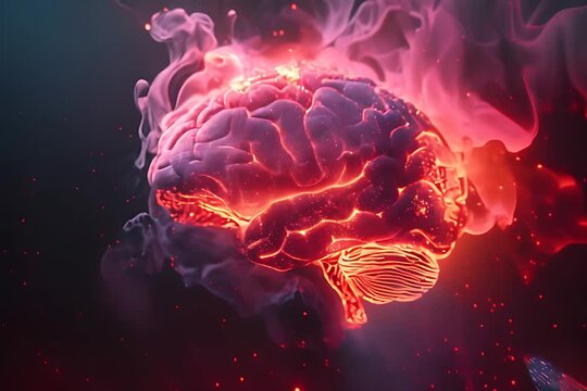 Video 3d render of brain with fire and light effect on dark blue background, glowing pink color.