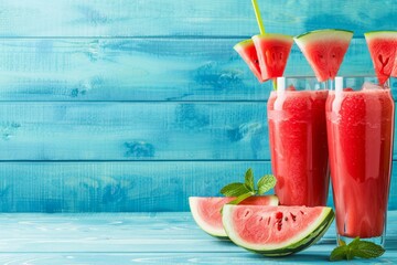 Summer drinks watermelon juice smoothies on blue wood background with space for text