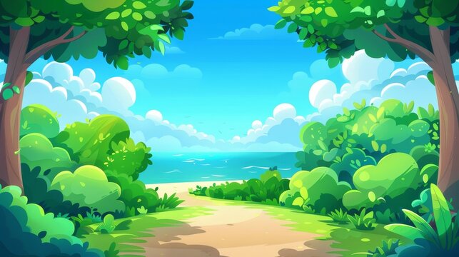 River path through summer forest cartoon background. Blue sky with clouds and ocean view for game illustration. Modern landscape of nature environment with roadway to river.