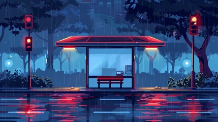 Modern illustration of night rain at a city bus stop on a red traffic light. Urban public transport design scene on a city street. Cartoon exterior architecture scene at the end of a street.