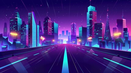 Animated cartoon illustration showing an urban skyline and a road leading to a city. Neon lights illuminate the highway and the futuristic street building.