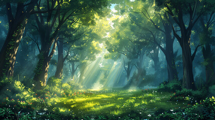 Fototapeta na wymiar illustration of a dense forest with shafts of sunlight filtering through the canopy