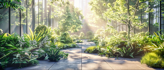 Serene Nature Path Through Lush Forest, Sunlit Leaves and Bright Flowers, Peaceful Outdoor Scene