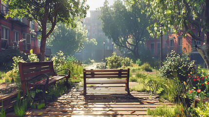 Serene Park Bench in Sunny Green Landscape, Peaceful Outdoor Setting for Relaxation and Reflection
