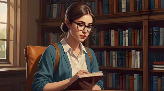 An illustration of a young female student wearing glasses and reading a book in the library.generative.ai - Powered by Adobe