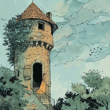 Illustration of a princess trapped in a tower, awaiting rescue in a classic damsel in distress theme