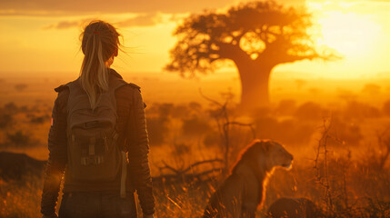 a woman on a safari adventure with lions in the golden sunlight