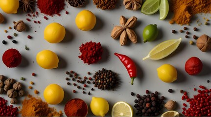 Top view of a spicy blend including lemon peel chili peppercorns mustard seeds ginger on a isolated pastel background.generative.ai 