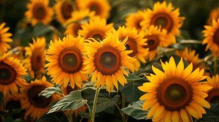 Fototapeta premium Endless field of sunflowers illuminated by the sun, harvest and agricultural business concept 