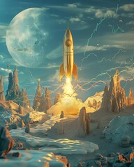 A golden Bitcoin rocket launching from a stock chart landscape towards a moon made of gold