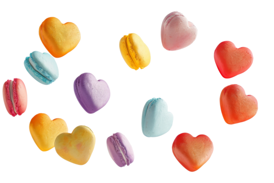 Colorful heart shape macaroons cake floating on the air isolated on background, sweet cookies macaroons Desserts sweet cake concept.