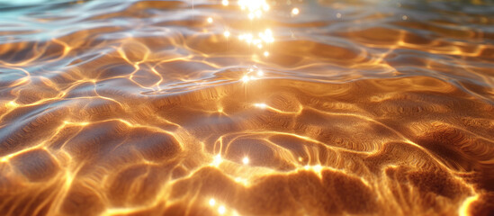 Sunlit water surface creating sparkling ripples over sandy bottom. Close-up of shimmering sunlight on clear water above sand texture