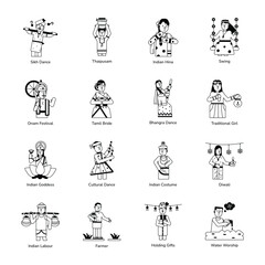 Set of Indian Traditions Glyph Character Icons 

