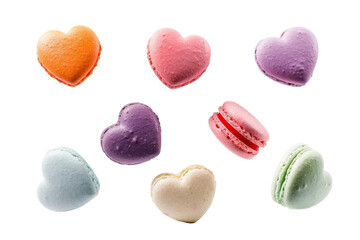 Colorful heart shape macaroons cake floating on the air isolated on background, sweet cookies macaroons Desserts sweet cake concept.