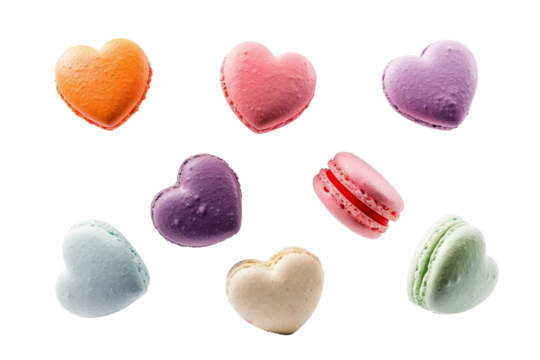 Colorful heart shape macaroons cake floating on the air isolated on background, sweet cookies macaroons Desserts sweet cake concept. - Powered by Adobe