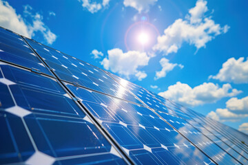 Close-up of Shiny Solar Panels Under the Bright Sun Against a Deep Blue Sky with Clouds