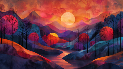 illustration of a fantastical forest landscape, with surreal colors - obrazy, fototapety, plakaty