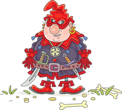 Angry cruel ogre with a sharp sabre and dagger on his belt walking among bones along a path in a forest, vector cartoon illustration on white
