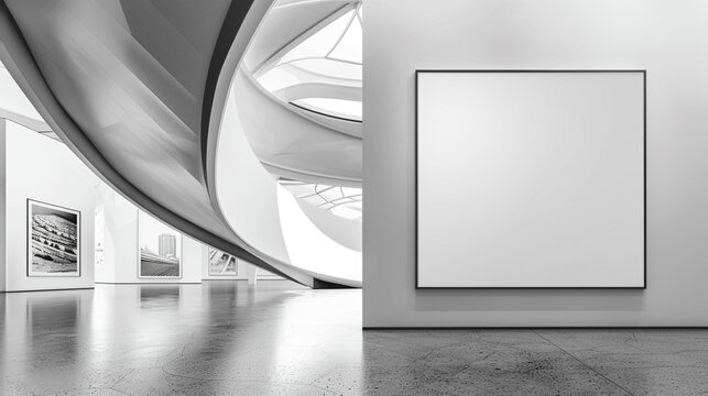  An art gallery boasting a blank wall frame, perfectly framed by the sleek, modern contours of its architectural surroundings, inviting contemplation