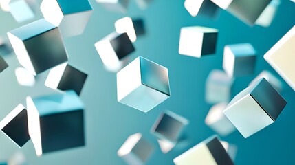 Floating 3D cubes in a serene blue space, abstract background design. Modern, digital and clean aesthetic. Perfect for tech and design uses. AI