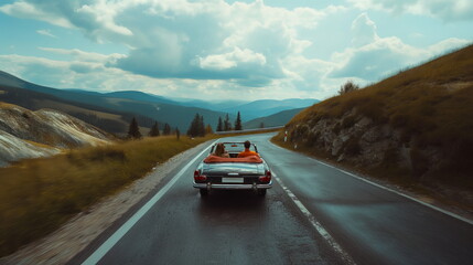 Happy friends driving a convertible car on a scenic mountain road, Adventurous Road Trip - obrazy, fototapety, plakaty