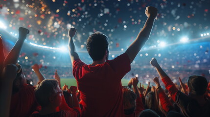 Football Fans cheer passionately at a soccer game, their silhouettes against a vibrant stadium backdrop, filled with excitement and the spirit of sport