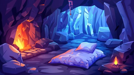 Cartoon illustration of a dark cave inside an ancient dungeon. Illustration includes a fire, a pillow on a bed, crystals, and rocks in an underground ancient cavern.
