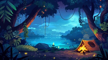 Night glade with campfire. Modern illustration of lianas on trees above lake, fireflies shimmering in the darkness, fire burning and smoldering, sleeping bag on ground. - obrazy, fototapety, plakaty
