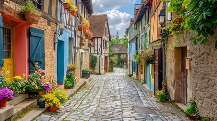 charming cobblestone street lined with colorful houses and flower-filled window boxes in a European town - obrazy, fototapety, plakaty