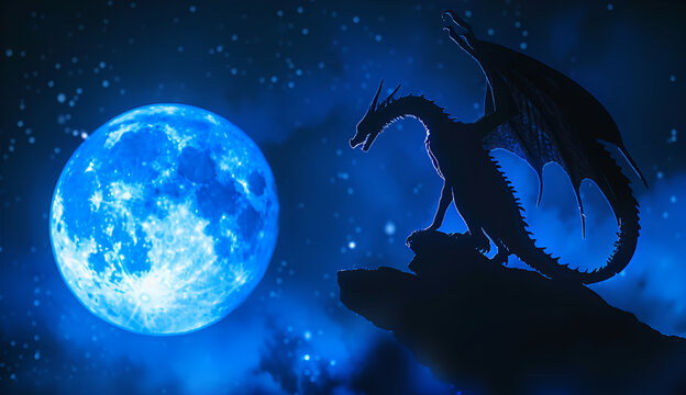 Dragon silhouette with full moon.