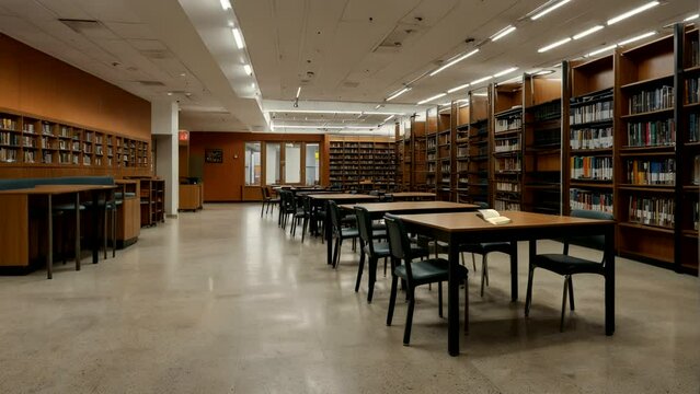 A beautiful view of the library with a book on the table Seamless looping 4k time-lapse animation video background