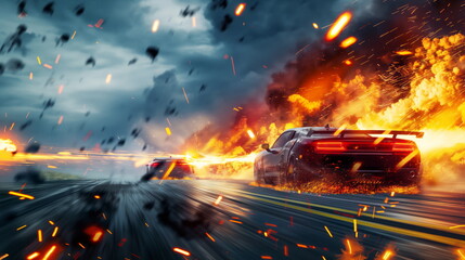 Crazy mad car chase, explosions sparks action. Sports cars are a danger race for survival. Fire and...
