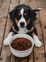 A young puppy with a tricolor coat of black, white, and brown in front of a white bowl filled with dog food. The puppy's eyes are wide open, and it seems to be gazing directly at the camera.