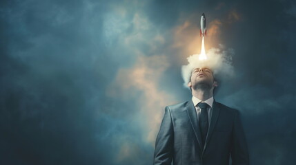 Entrepreneurial Spirit, Businessman with rocket launching from his head, symbolizing ambition and innovation - obrazy, fototapety, plakaty