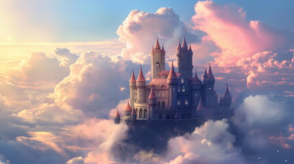Fairytale Castle in the Clouds, Majestic Palace Floating Amongst Cotton Candy Skies