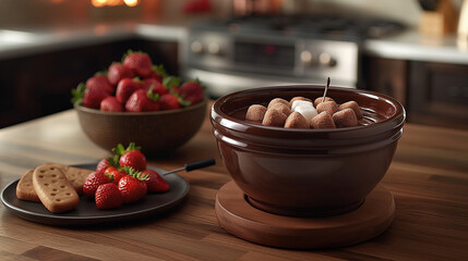 2. Chocolate Fondue Delight: In a cozy kitchen setting, a fondue pot overflows with molten chocolate, surrounded by an array of tantalizing dipping options such as strawberries, ma - obrazy, fototapety, plakaty