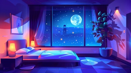 Night time bedroom interior with window and moon view. Stars are seen in dark sky above bed in romantic apartment balcony construction cartoon. Relax in hotel loggia place with plant pot and enjoy