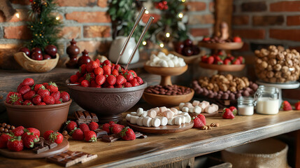 2. Chocolate Fondue Delight: In a cozy kitchen setting, a fondue pot overflows with molten chocolate, surrounded by an array of tantalizing dipping options such as strawberries, ma - obrazy, fototapety, plakaty